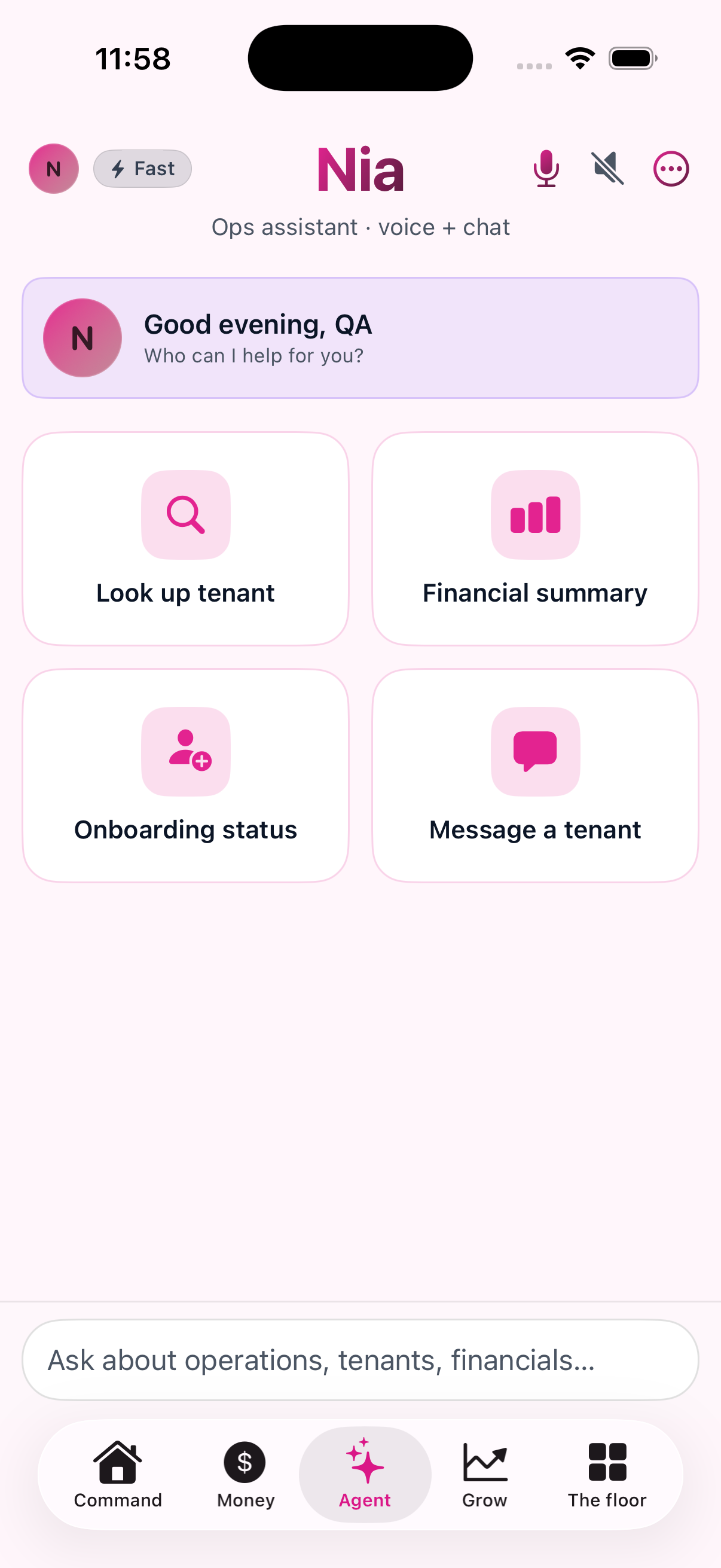 Agent — A voice and chat assistant over the operator's own data, not a general chatbot.