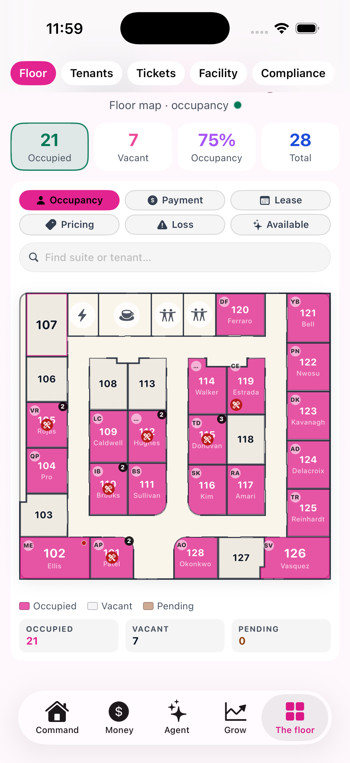 The floor — The building itself: every suite, who is in it, and what it earns.
