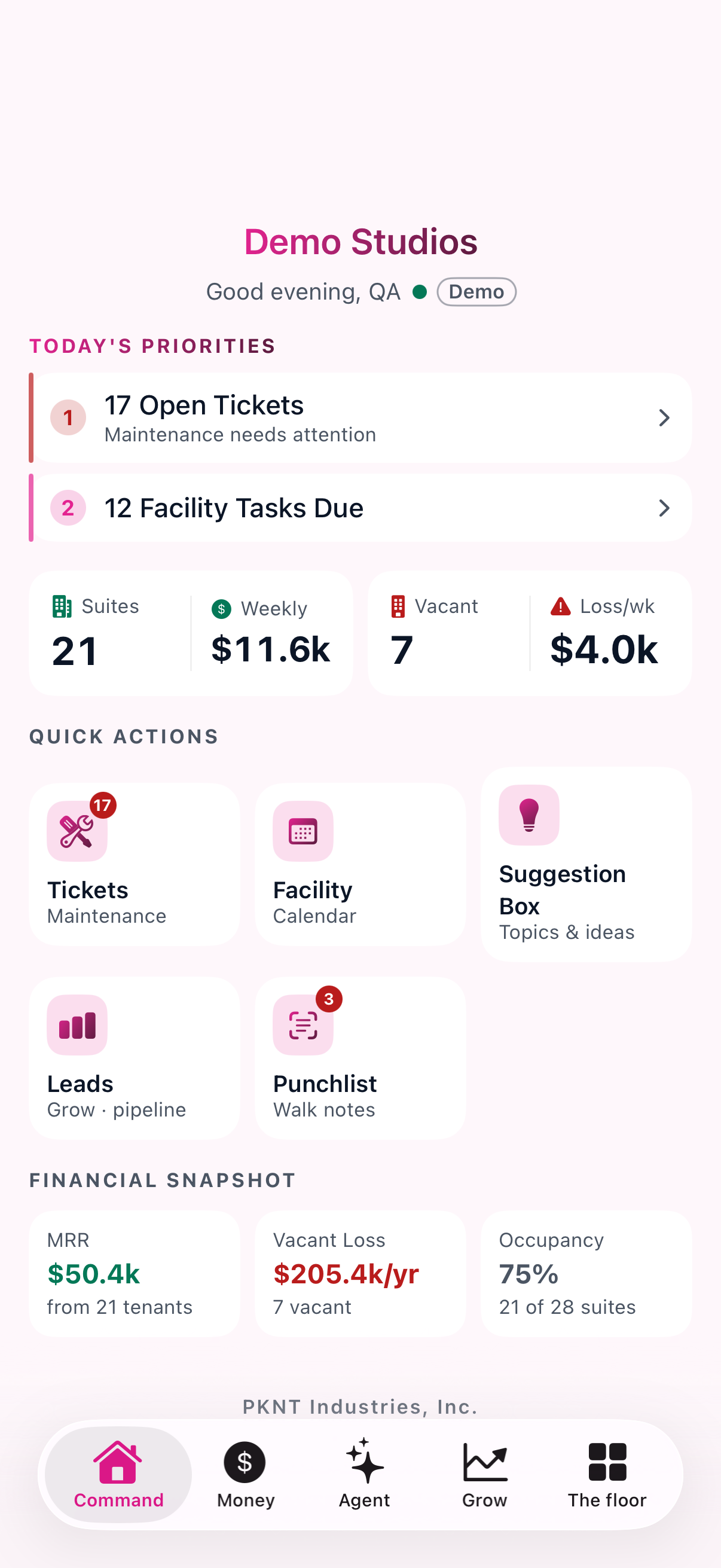 Command &mdash; The day, in one screen &mdash; what needs attention, occupancy, and the money position.