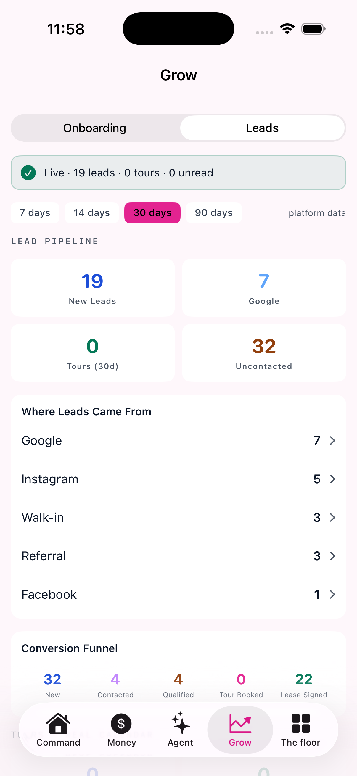 Grow &mdash; Pipeline and onboarding &mdash; where leads came from and how far each has moved.